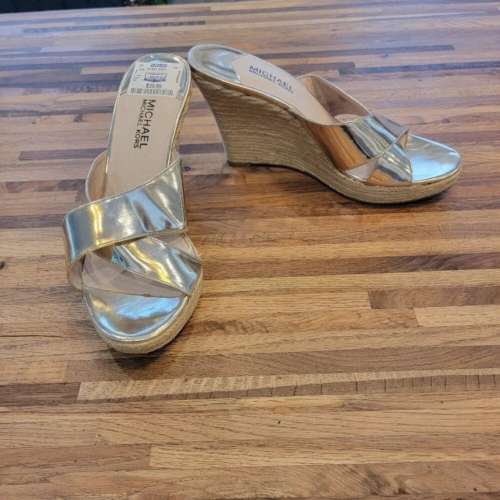 Michael Kors MK Logo Silver Espadrilles Wide Criss cross Strap 4